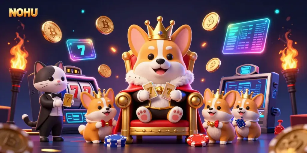 Experience the thrilling world of NOHU gaming with vibrant slots and charismatic 3D characters in this illustration.