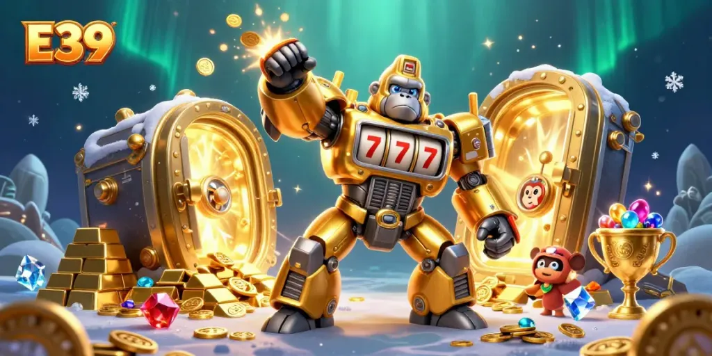 E39 gaming scene featuring a mech gorilla and dazzling treasures, showcasing thrilling jackpot excitement.