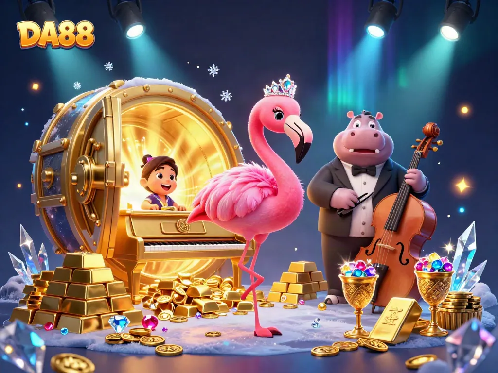 Experience DA88's vibrant casino scene with a flamingo singer, hippo bassist, and dazzling treasures.