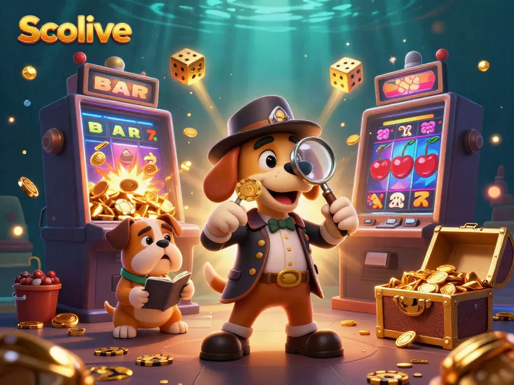 Socolive features a detective dog and companion exploring a casino adventure with poker chips and jackpot chaos.