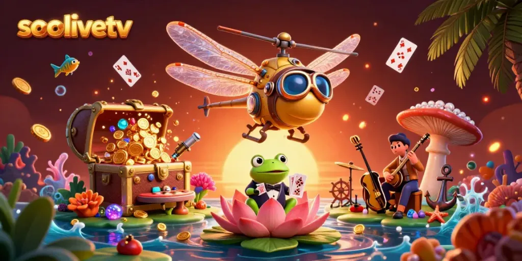 Experience the thrill of socolivetv with a vibrant 3D scene featuring a dragonfly pilot and frog croupier in an engaging casino atmosphere.