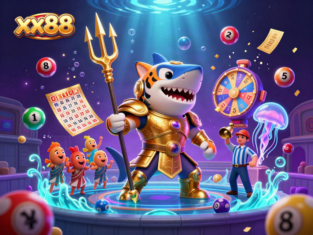 Engage with the vibrant xx88 casino scene featuring a tiger shark and lottery elements, showcasing exciting gaming action.