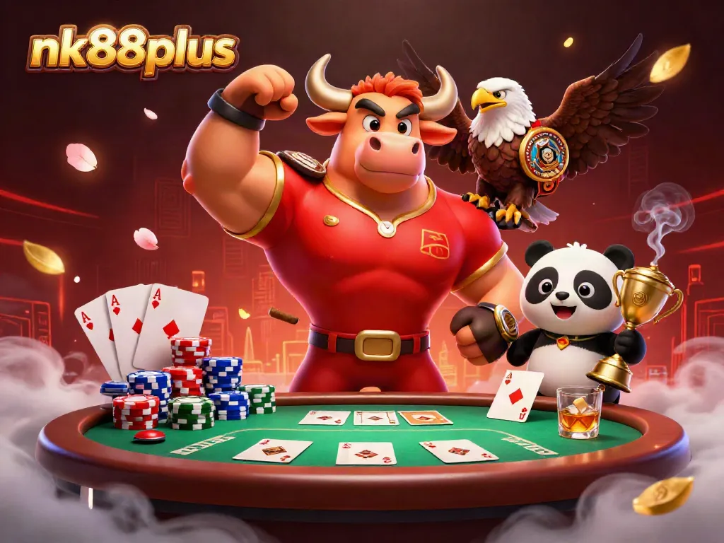 Engage with the dynamic nk88plus casino experience featuring festive characters and rich poker elements.