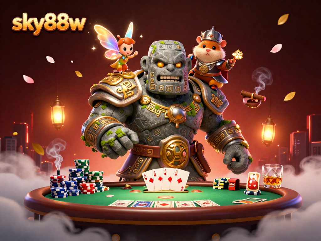 Experience thrilling poker action with sky88w in a dynamic 3D casino scene featuring magical characters.