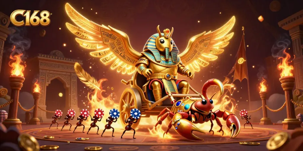 C168 gamers strategize while engaging with a vivid 3D casino scene filled with vibrant characters and atmospheric elements.