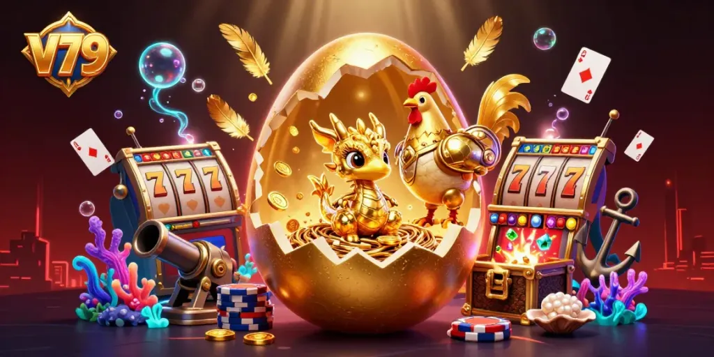 Experience V79's thrilling golden jackpot scene with a golden dragon, poker chips, and dynamic slot elements