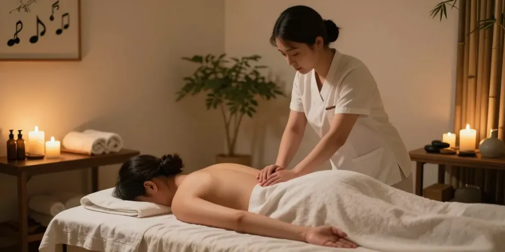 Relaxation during a 성북출장안마 massage therapy session with soft lighting and calming decor