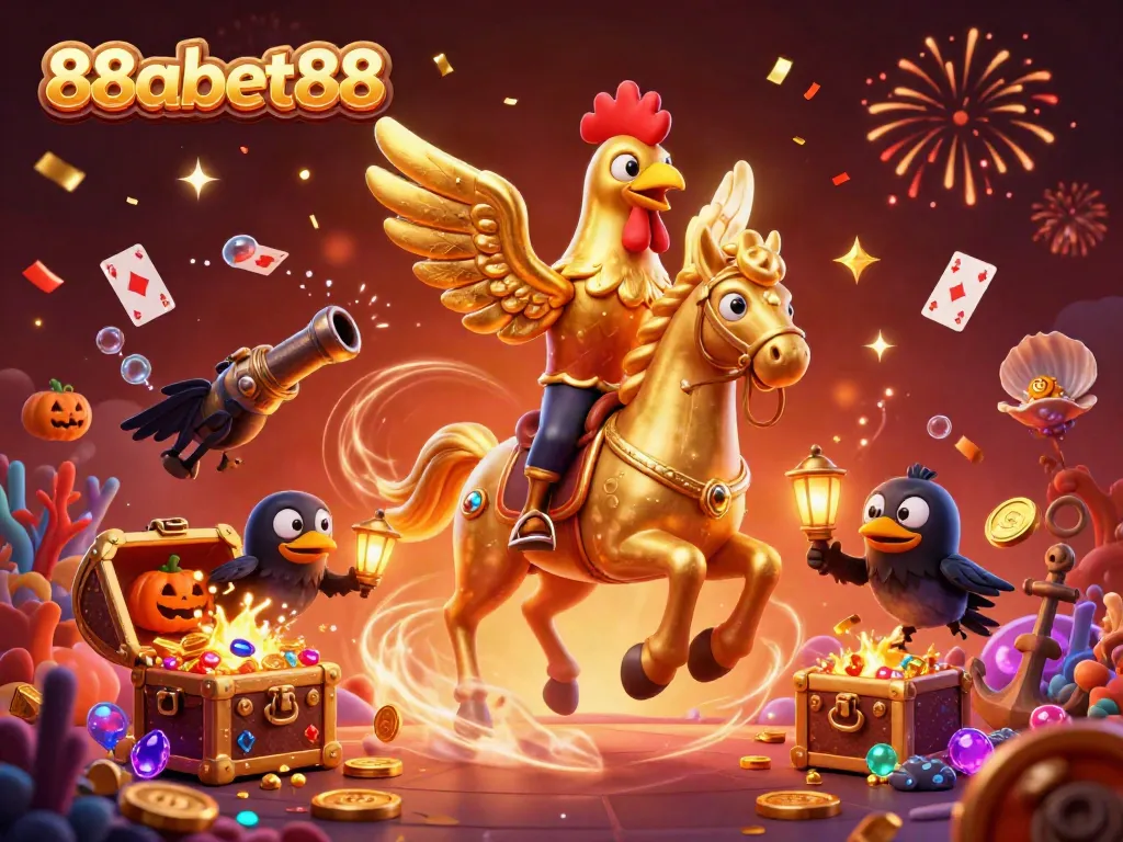 Engage with the vibrant 88abet88 casino scene, featuring a golden rooster hero amidst festive confetti and treasures.