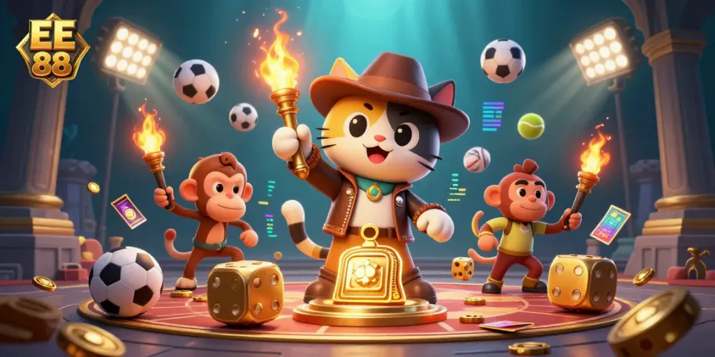 Bet with EE 88 to uncover golden casino treasures in this vibrant illustration.
