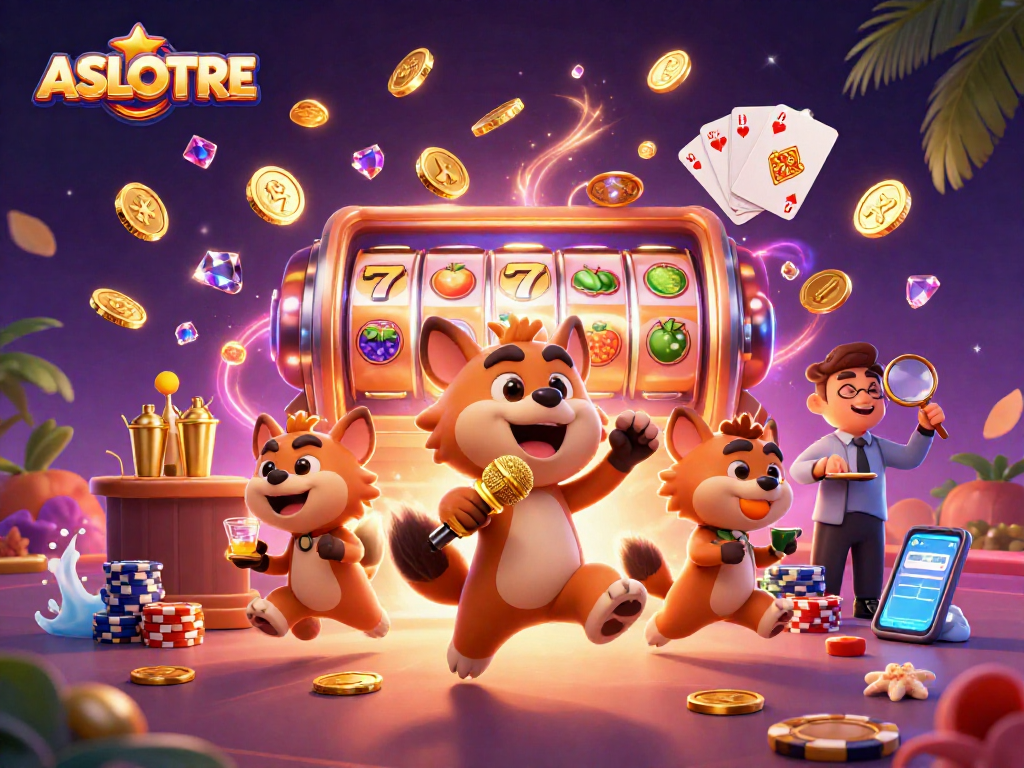 Engage with ASLOTRE's vibrant casino scene featuring lively hyenas amid exciting slot machines.