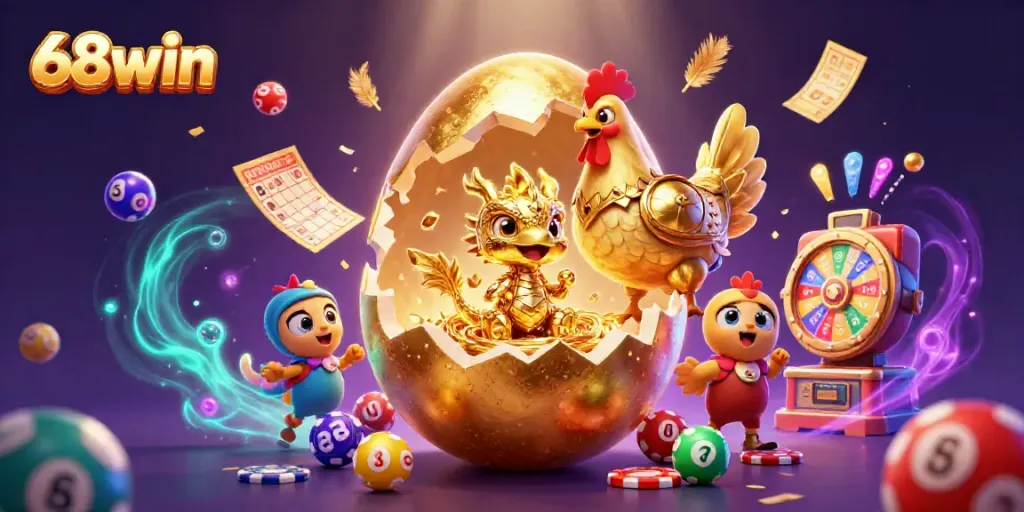 Engage with 68win's vibrant casino atmosphere featuring a golden egg and baby dragon amidst dynamic luck elements.