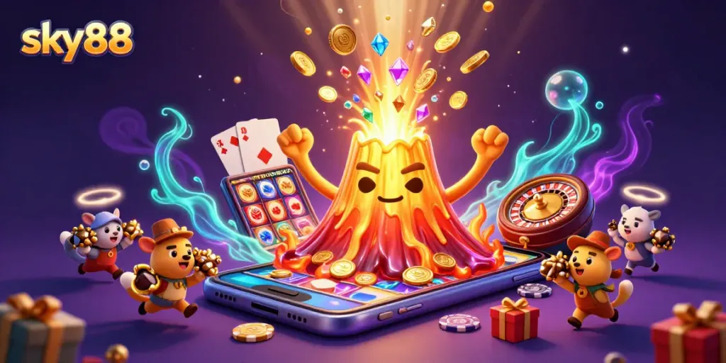 Experience the thrilling sky88 volcano eruption, showering coins and treasures in a vibrant casino scene.