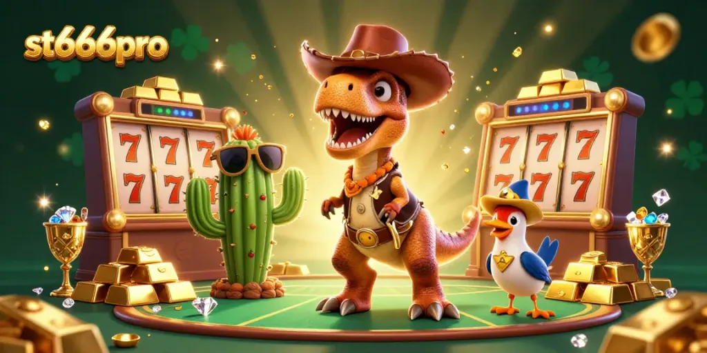 Engage with vibrant casino excitement at st666pro showcasing dynamic characters amid slot reels and gold treasures.
