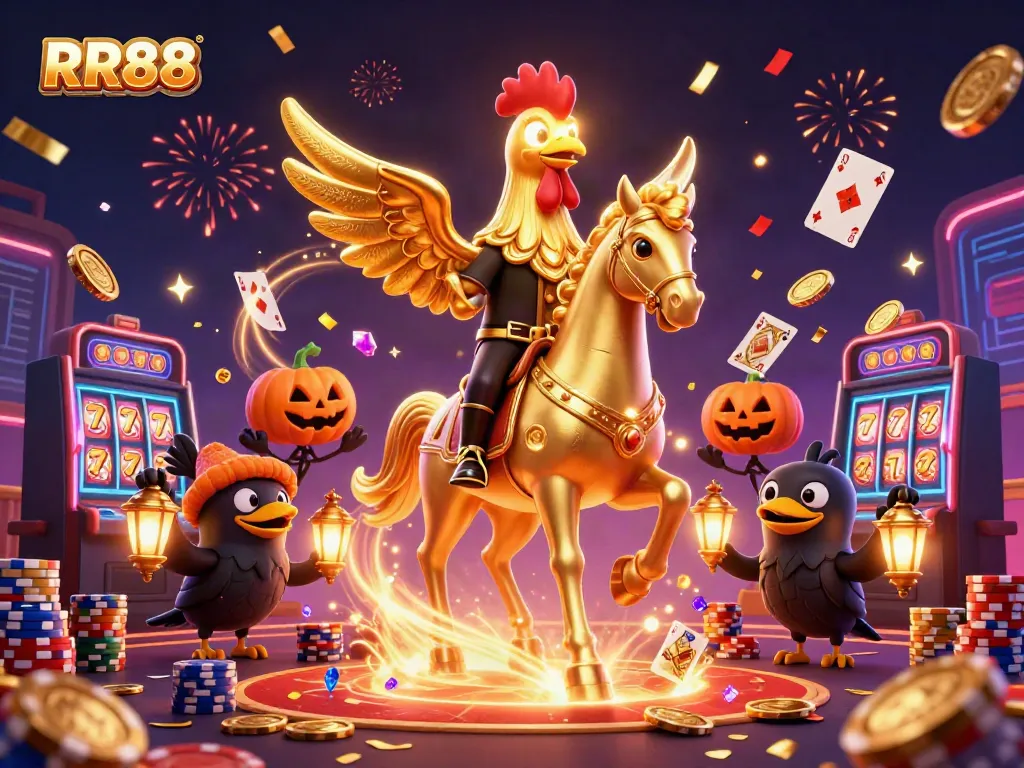 Experience excitement at RR88 with a unique animated golden rooster and luminous treasures in a vibrant casino scene.