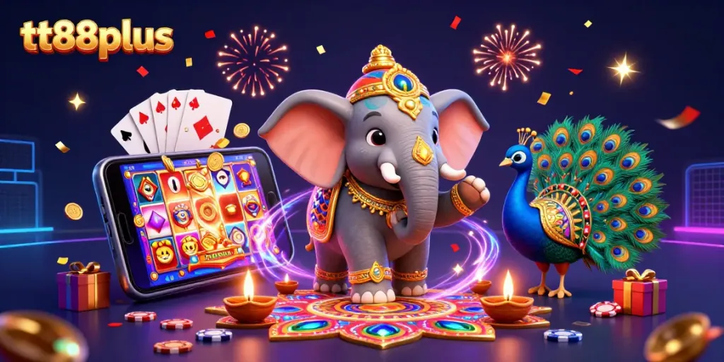 Engage with tt88plus as a colorful Diwali-themed slot gaming scene with vibrant atmosphere.
