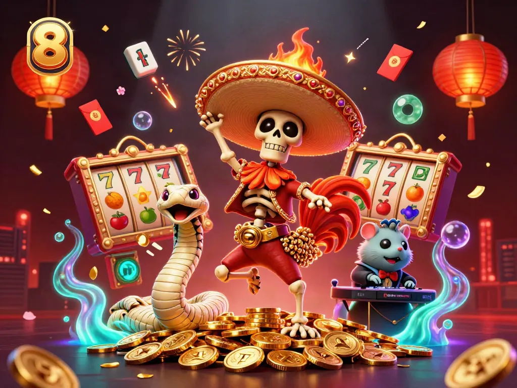 Engage with the thrilling victory dance of the 8 S character in a vibrant casino atmosphere.