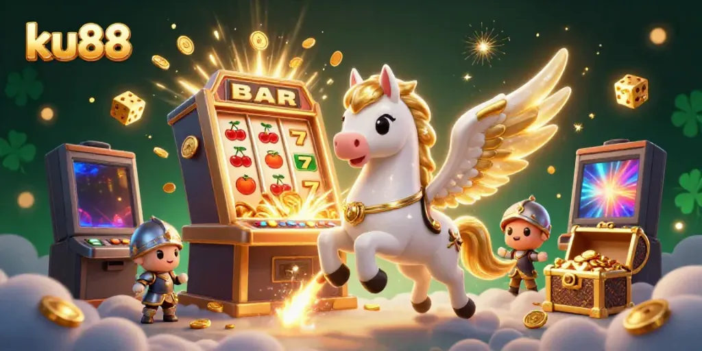Experience the excitement of ku88 with a dynamic scene featuring a celestial horse, slots, and vibrant game elements.