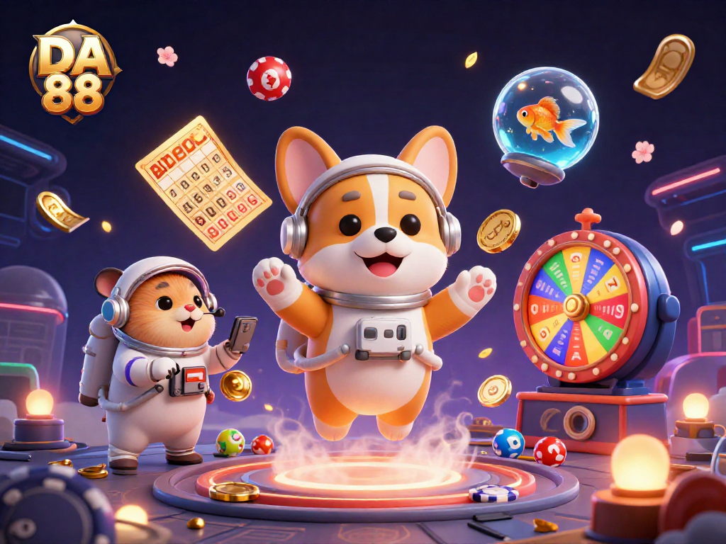 Engage with DA 88's thrilling space casino experience featuring poker chips and lottery balls.
