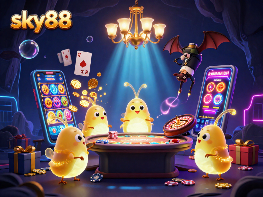 Engage with sky88's vibrant cave casino illuminated by glowworms during a thrilling gaming experience.
