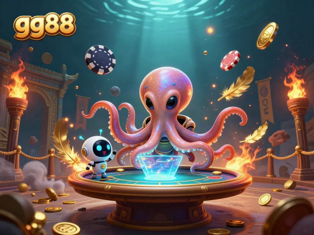 Engage with gg88 at a dynamic poker table hosted by a 3D alien octopus, surrounded by vibrant casino elements.