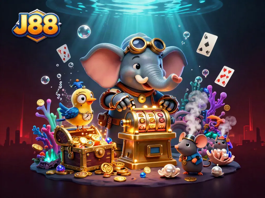 Experience thrilling gameplay with J88's vibrant casino-themed illustration featuring animated 3D characters.