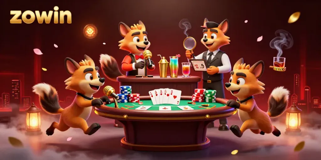 Zowin hyena characters thriving in a vibrant casino, featuring a comedian, bartender, and bouncer amidst poker elements.
