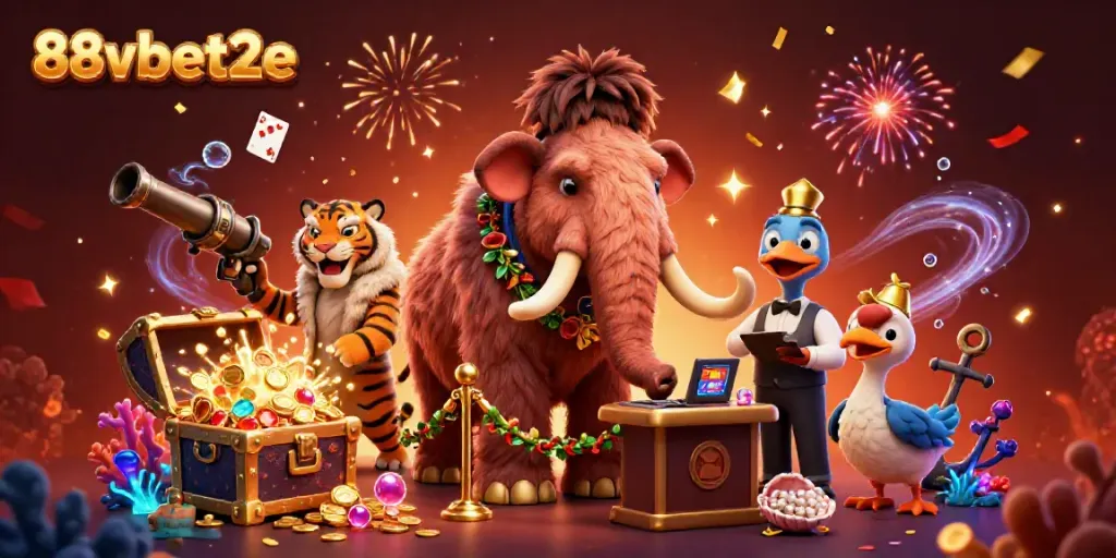 Experience the thrill at 88vbet2e with a dynamic casino scene featuring vibrant characters and games.