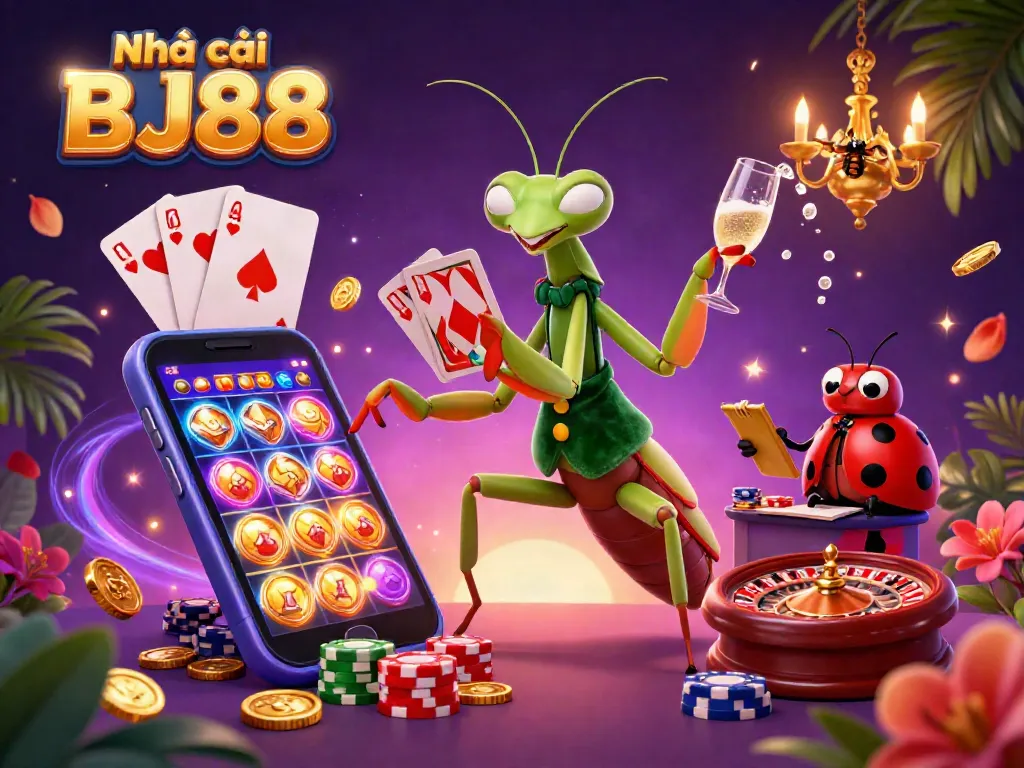 Engage in thrilling gaming experiences at Nhà cái BJ88, featuring vibrant casino elements and lively characters.