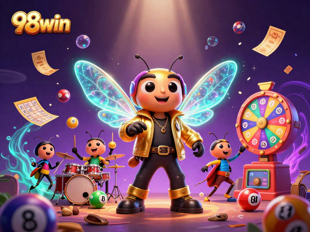 Experience the excitement of 98win with vibrant 3D characters celebrating lottery wins.