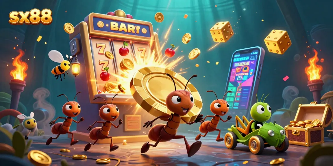 Sx88 team of ants heist with a golden poker chip amidst vibrant casino elements.