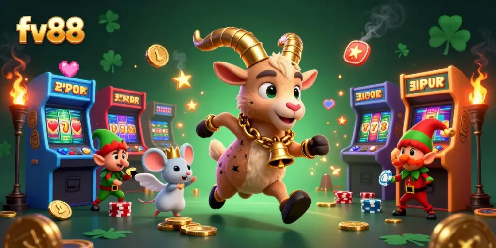 Experience the excitement of fv88 as mischievous gremlins steal chips in a festive casino scene.