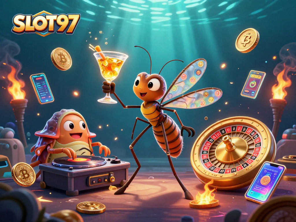 Experience SLOT97's thrilling slots atmosphere in this rich 3D casino illustration.