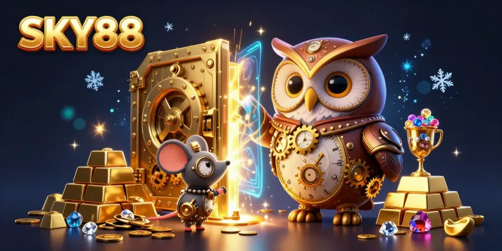 Experience the excitement at SKY88 with vibrant casino scenes filled with treasures and intriguing characters.