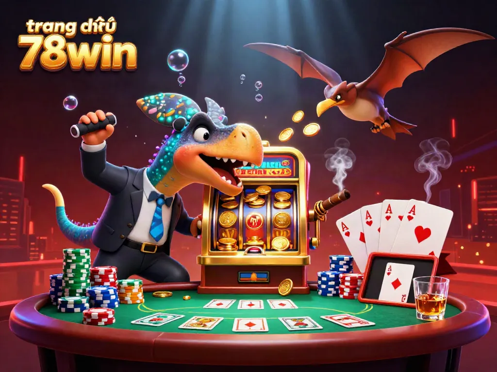 The pachycephalosaurus celebrates a jackpot at trang chủ 78win casino, coins showering in the vibrant atmosphere.