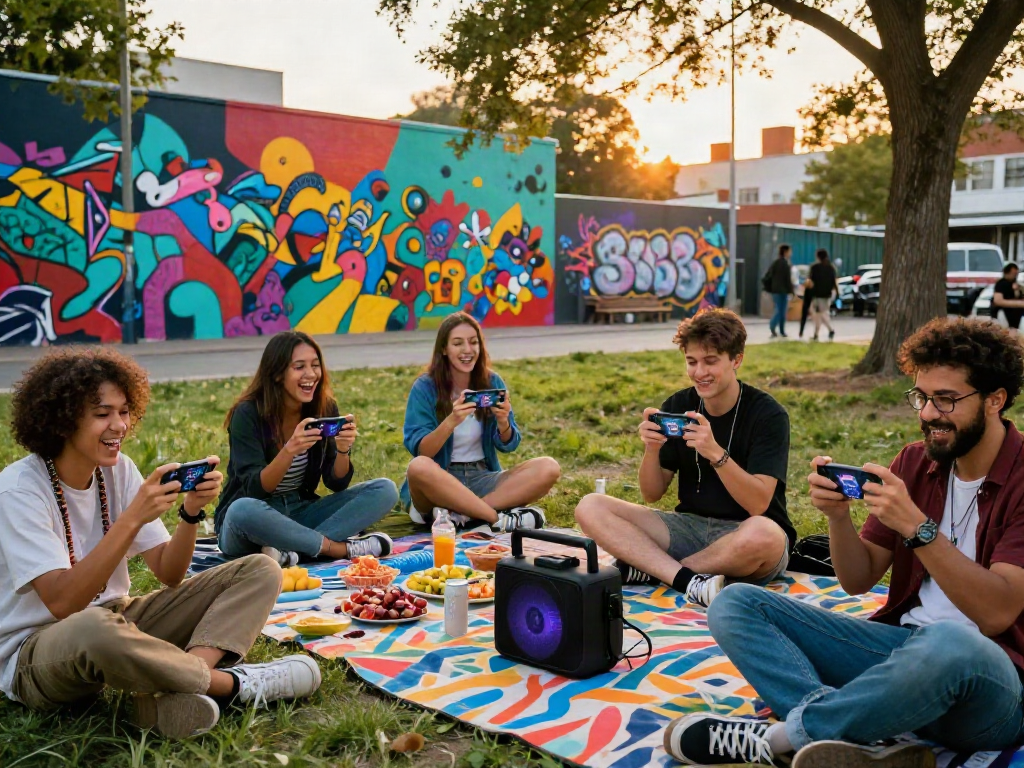 Gamers enjoying outdoor porn games in a vibrant park setting, surrounded by colorful murals and lively atmosphere.