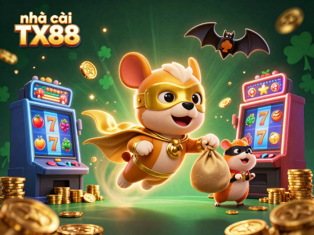 The superhero dog and hamster from nhà cái TX88 fly through a vibrant, detailed casino scene.