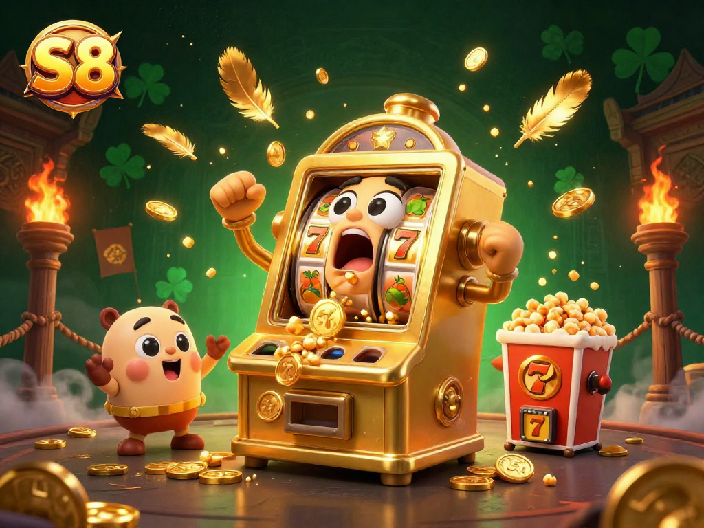 S8 showcases a golden slot machine celebrating a jackpot win, surrounded by coins and cheering baby slot machines.