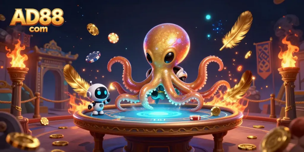 Engage with thrilling poker adventures at AD88 com featuring a vibrant alien octopus and robot!