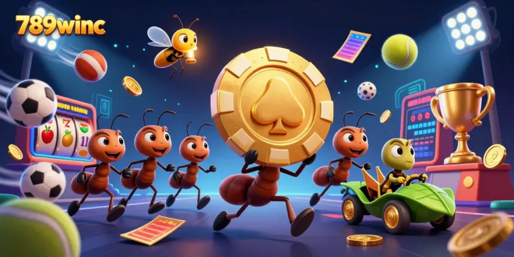 Engaging scene of ants executing a heist with golden poker chip and 789winc branding in vibrant casino design.