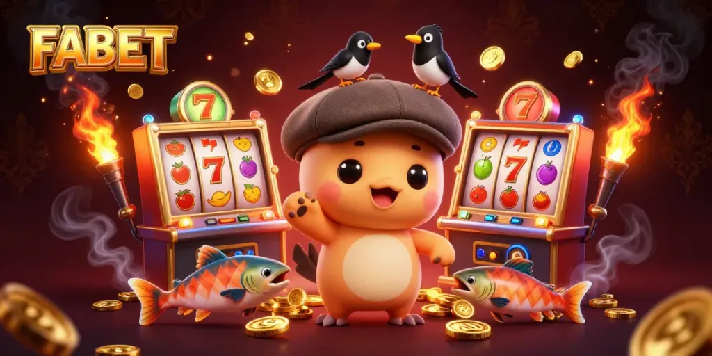 FABET showcases excitement through a vibrant slot machine scene featuring cartoon characters.