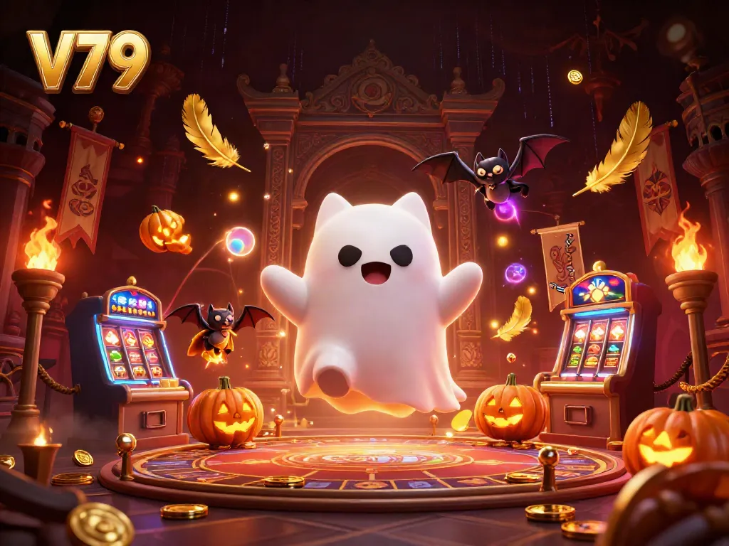 V79 thu hút người chơi với hình ảnh một chú mèo ma, dơi, và đèn bí ngô trong sòng bạc ma quái.